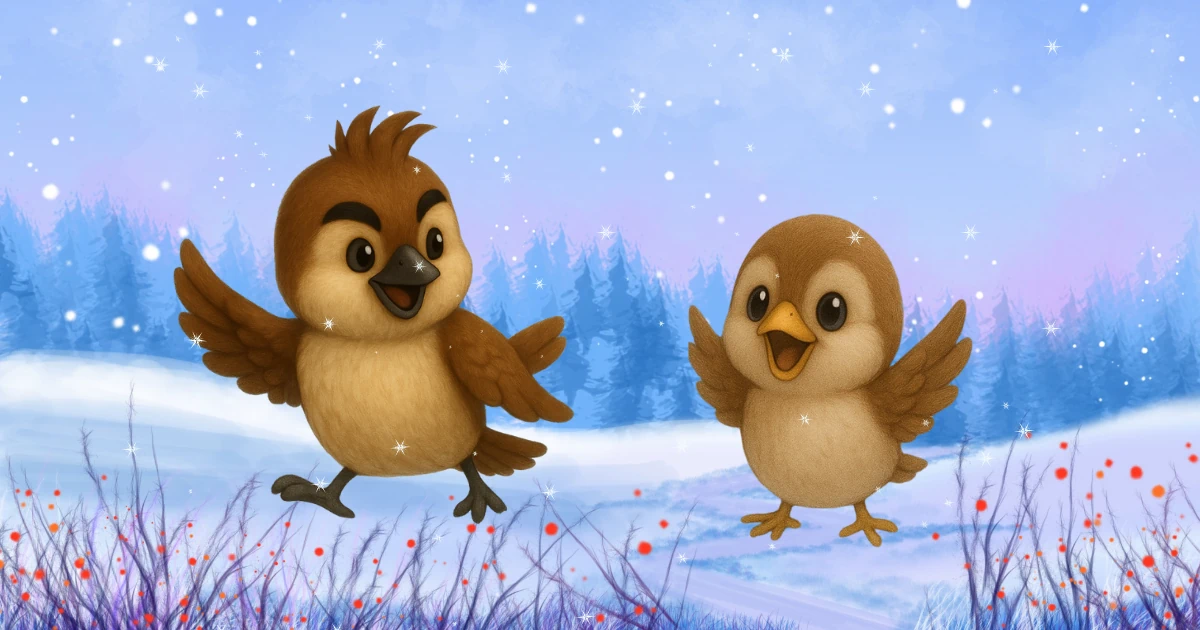 初雪に目を輝かせる弟雀のイラスト