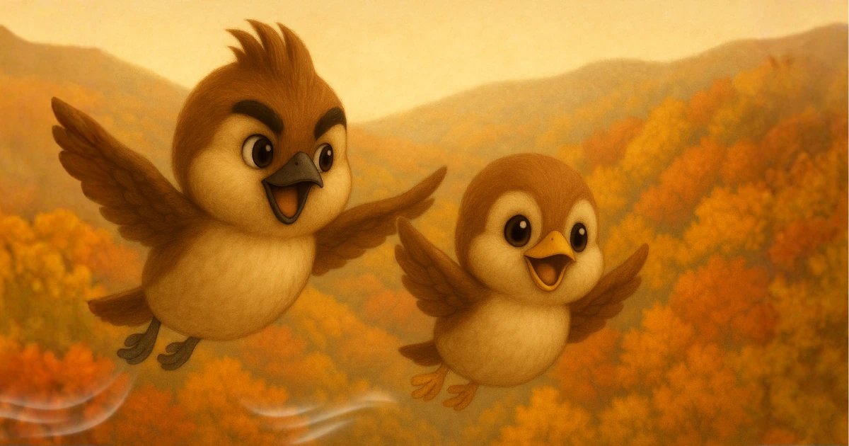 紅葉の中で並んで羽ばたく雀兄弟の試作イラスト