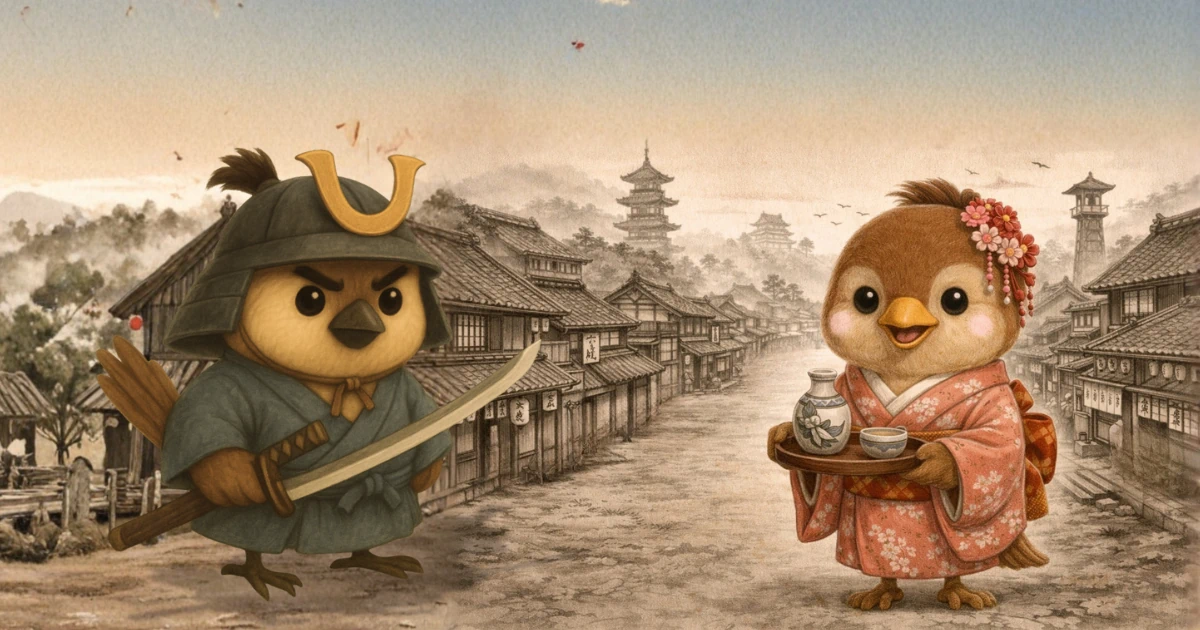 江戸の町並みを背景に侍姿の雀と着物姿の雀が向かい合うイラスト