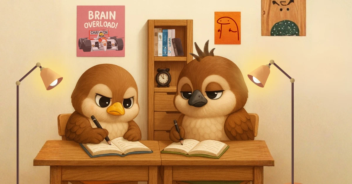 夏休みの宿題に悪戦苦闘する雀兄弟のイラスト