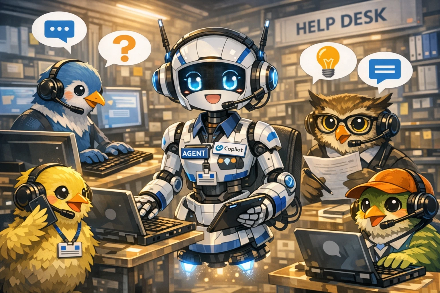 Microsoftエージェントを導入し沸き立つヘルプデスクの図