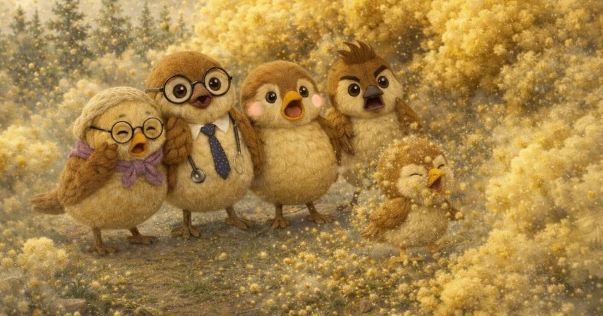 花粉のすさまじさに恐れおののく雀一家のイラスト