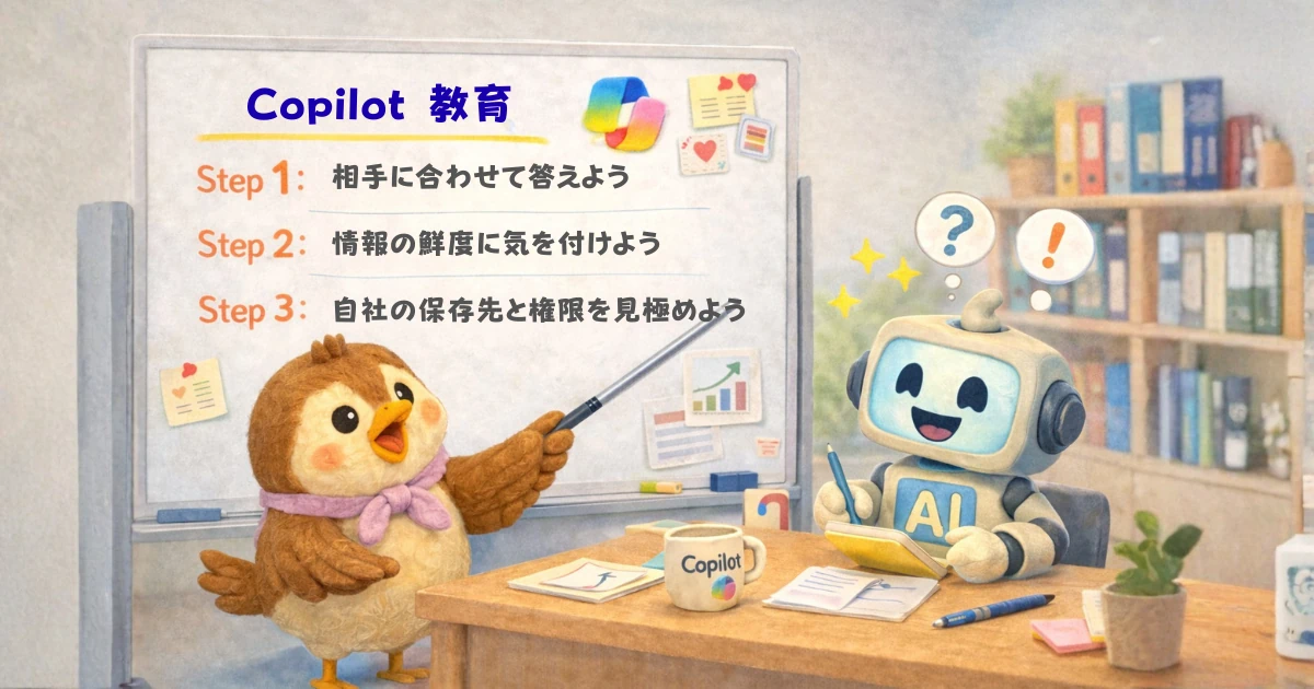 新人Copilotくんが大切なスキルを学んでいるところ。 相手に合わせて答えること、情報の鮮度を保つこと、 そして会社ごとの保存先と権限を理解することを身につける図