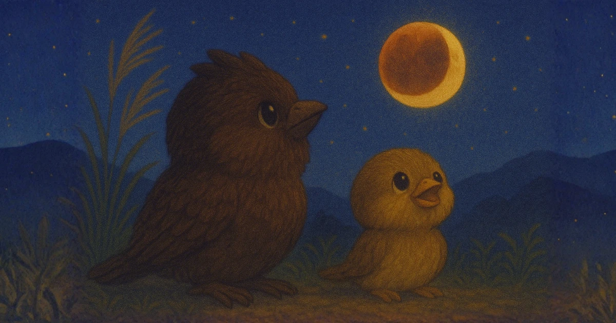 皆既月食を眺める雀兄弟の図