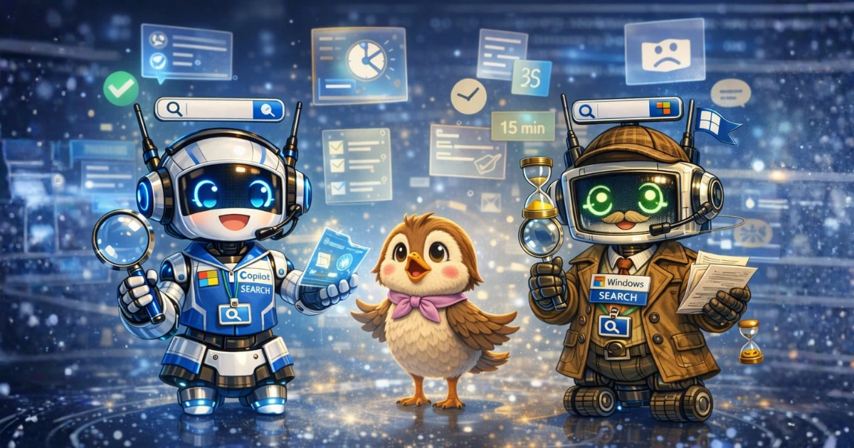 MicrosoftsearchとWindowssearchの違いを学び、どっちを使おうか悩んでいる図