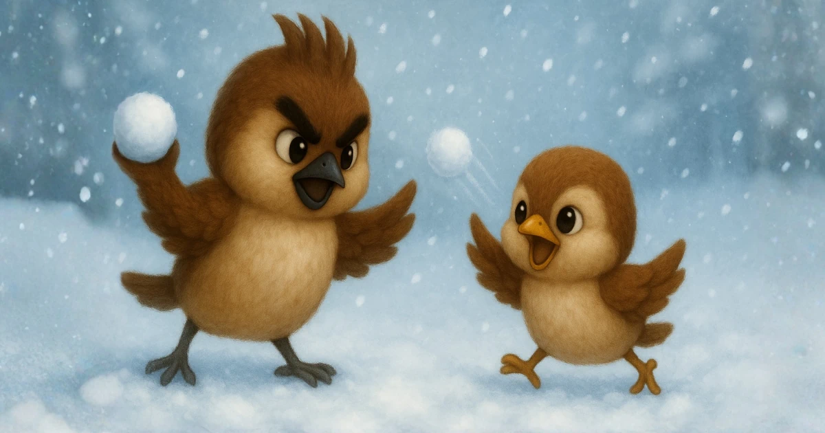 雪合戦を楽しむ雀兄弟の図