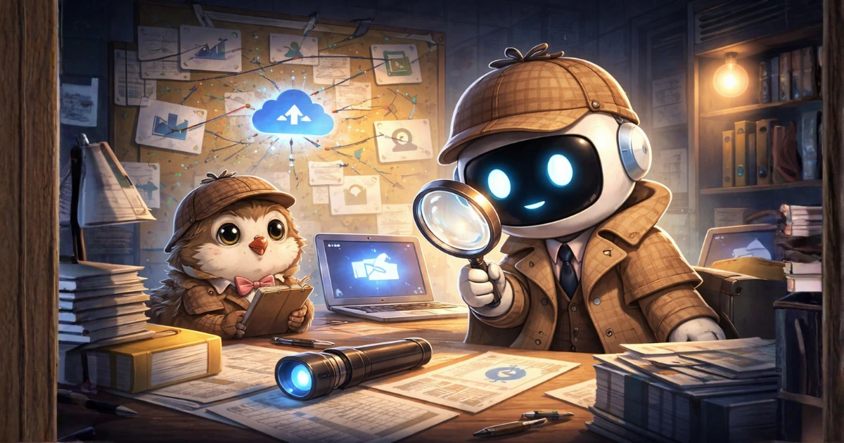 Copilot探偵が事件の謎を解き明かす図。他部のデータが消える謎に挑む