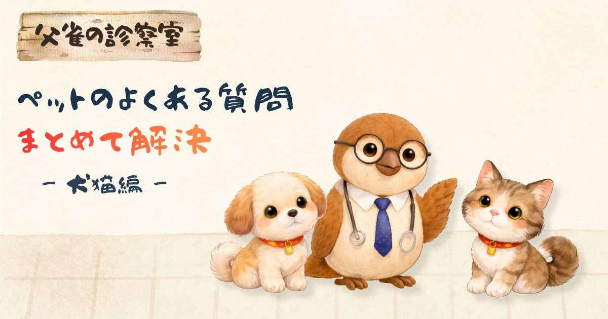 獣医師の父雀が、犬猫に関するよくある質問に答える図