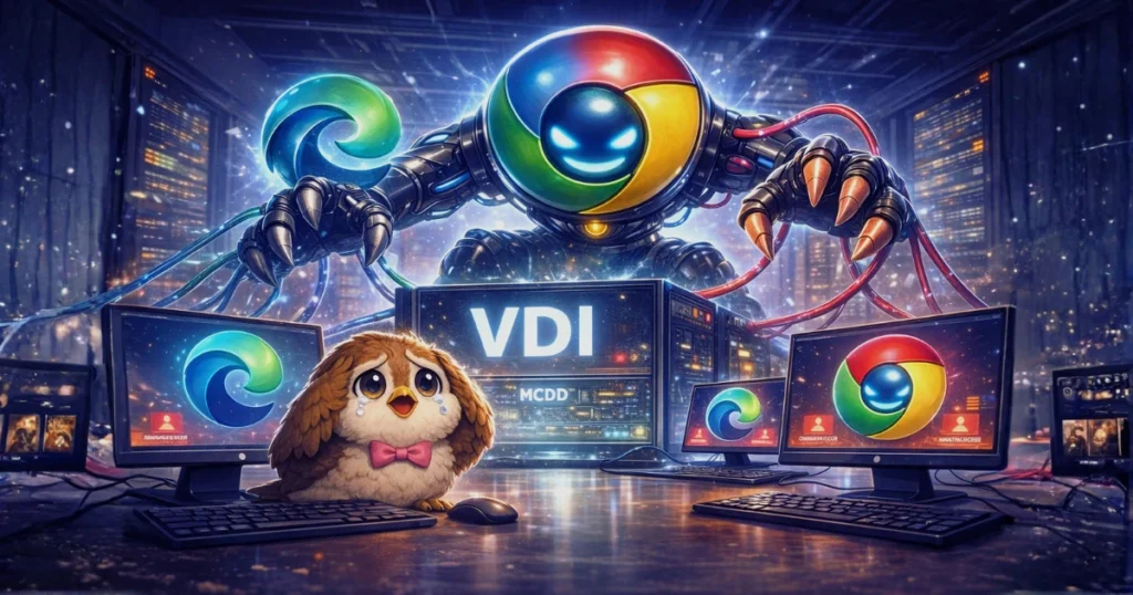 chromeとEdge汚染の図。個人用アカウントのデータがVDIに流れ込む様子