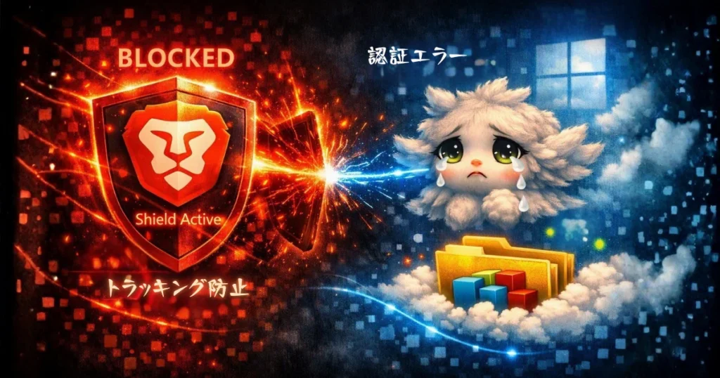 Braveのトラッキング防止にMicrosoftの認証がブロックされる図