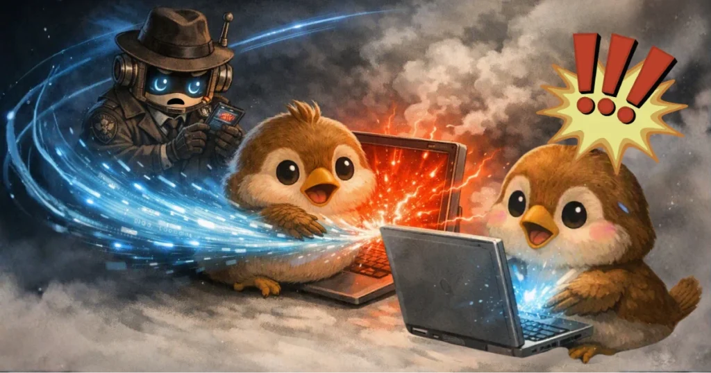 弟雀のPCから母雀のPCへ認証エラーが伝播する図