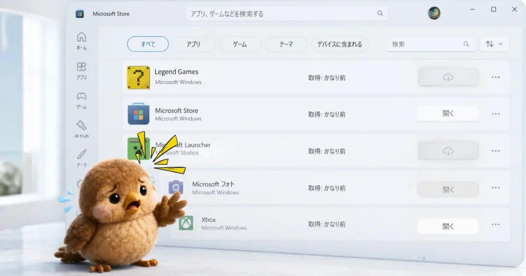 Microsoft Store購入済み履歴の雲がグレーアウトしてクリックできない様子
