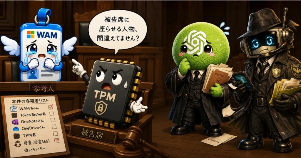 認証揺らぎの嫌疑をかけられたTPM被告が、参考人のWamに噛みつく様子
