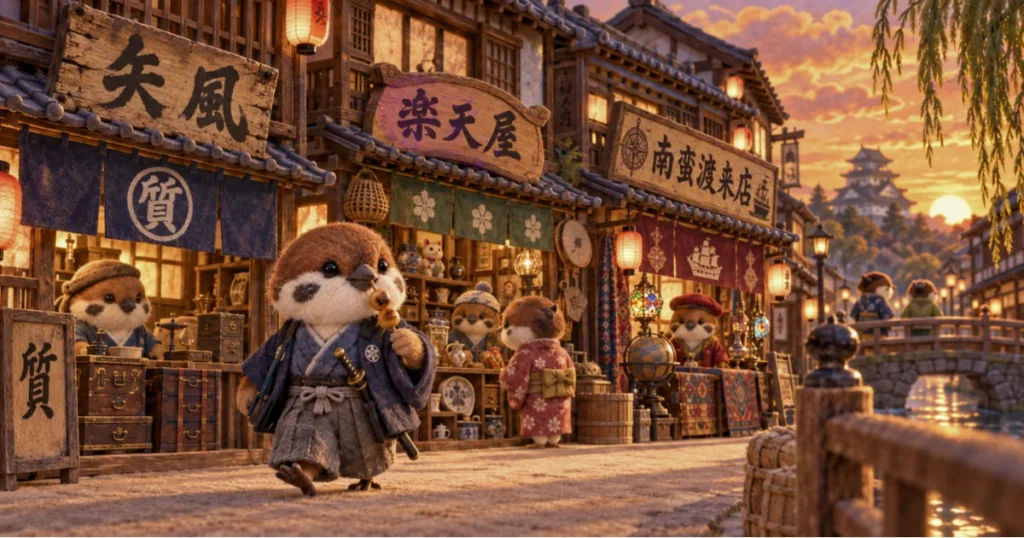 江戸の町。商店街には南蛮渡来店や古物市などが並ぶ図。