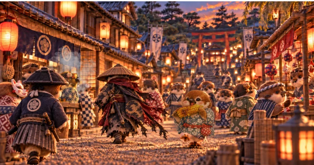 バサラ風の浪人の後を同心が後をつける図。江戸の町は祭りにざわめいている。