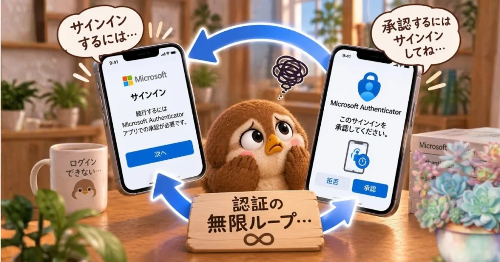 Microsoft Authenticator の認証ウロボロスに困り果てる図
