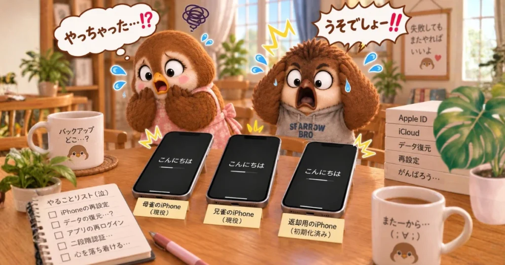 iPhoneの遠隔初期化の誤操作で、計3台が「こんにちは」状態になって絶叫する図