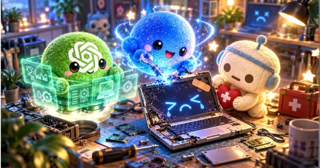 AI達がマルウェアでダメージを負ったPCの修理で、バラバラの対応を試みる図