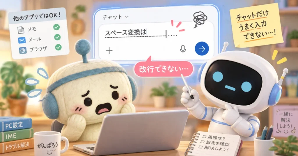 CopilotチャットのIMEの改行バグに苦しむ新人Copilotの図