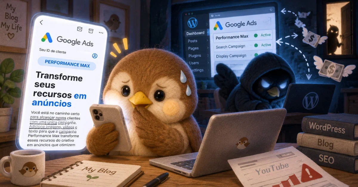ポルトガル語のGoogle通知とWordPress乗っ取りに気づいた母雀のイラスト
