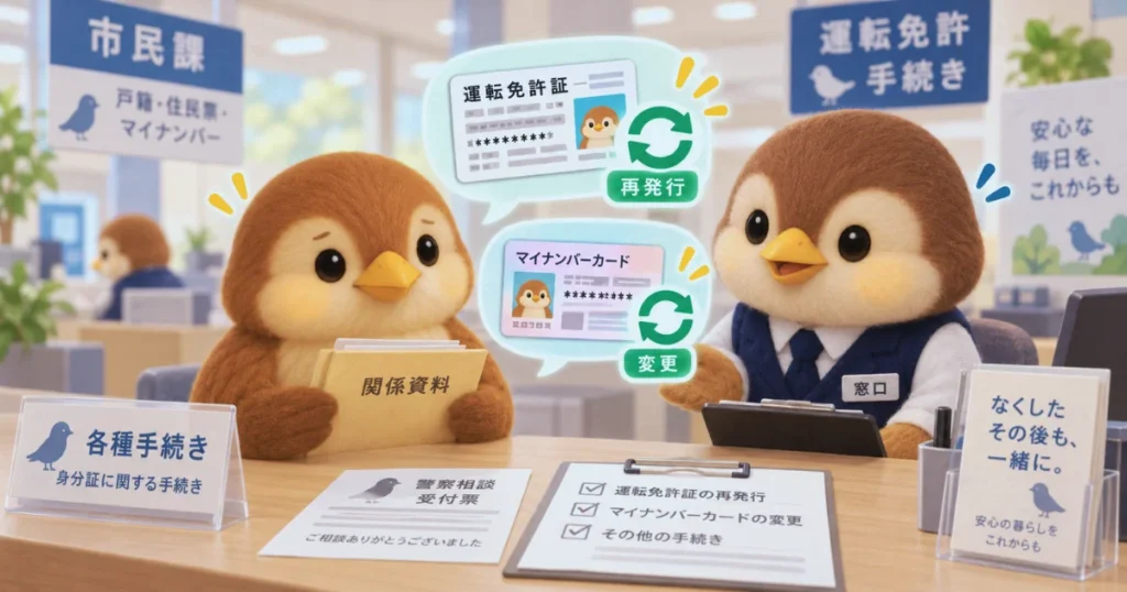 運転免許証とマイナンバーカードの、番号を変えてもらうために手続きを行う図