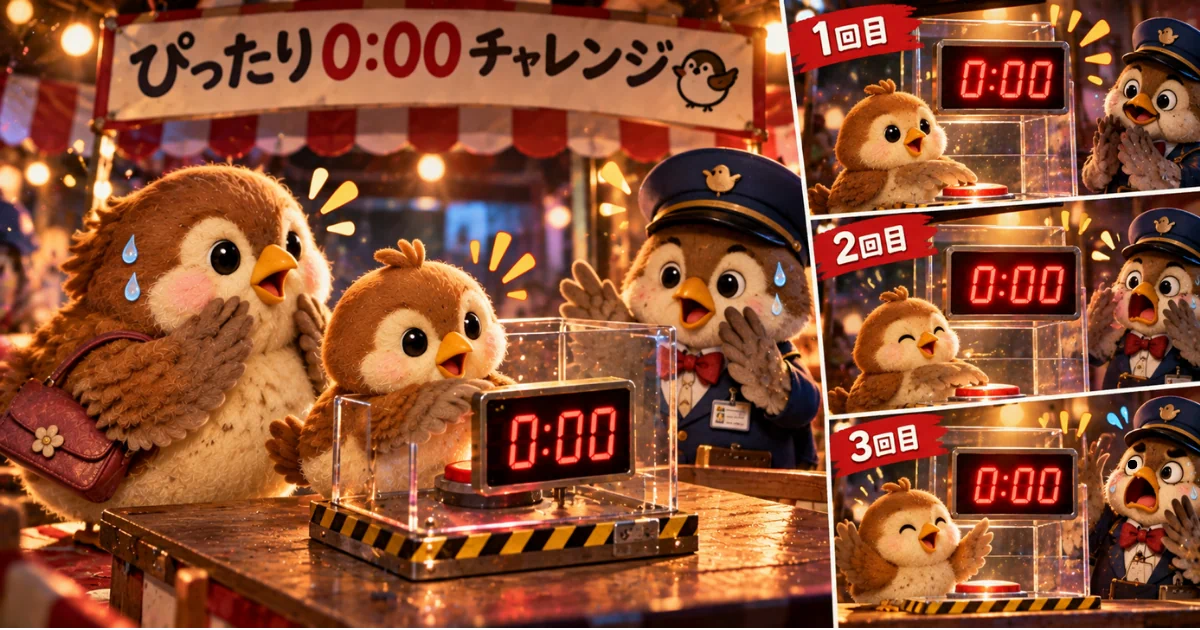 ３回連続で0.00秒ちょうどでピタッとタイマーを止める図