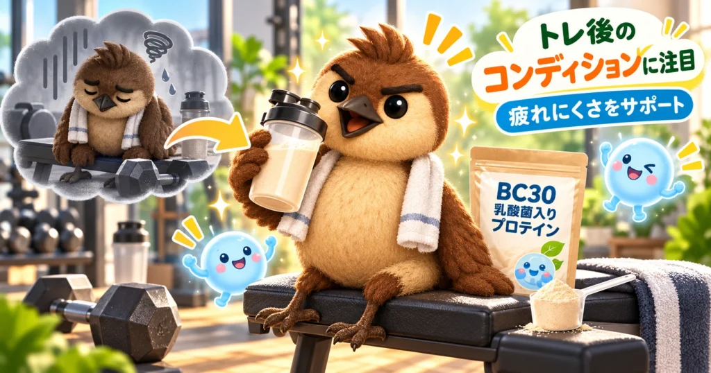 BC30乳酸菌入りプロテインを飲んで、ちょこっとだけ疲れ知らずになった兄雀の図