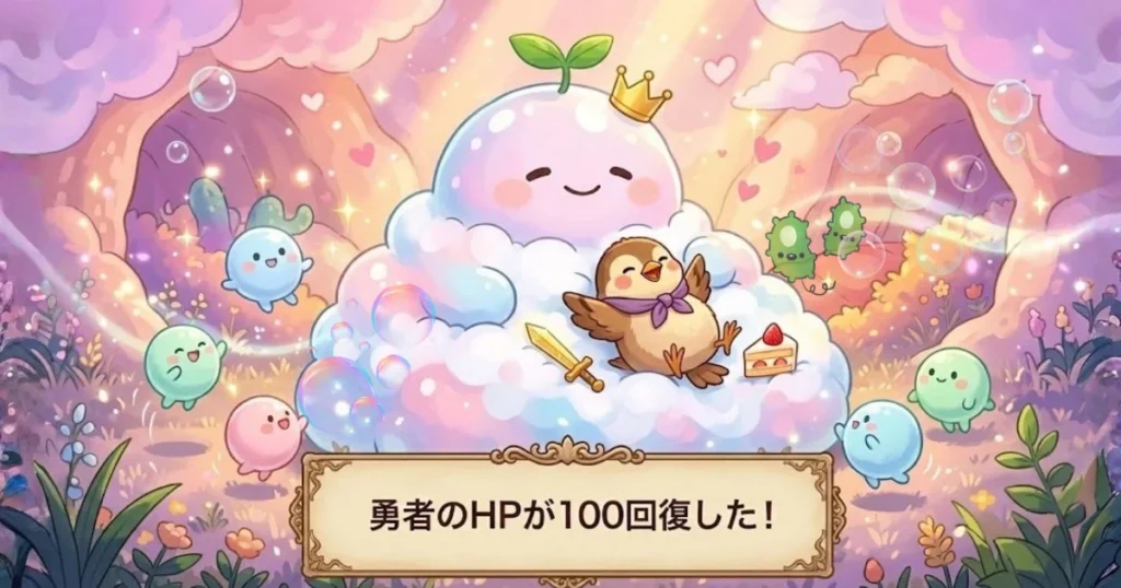 腸内フローラの善玉菌のベッドでHPを回復する勇者雀